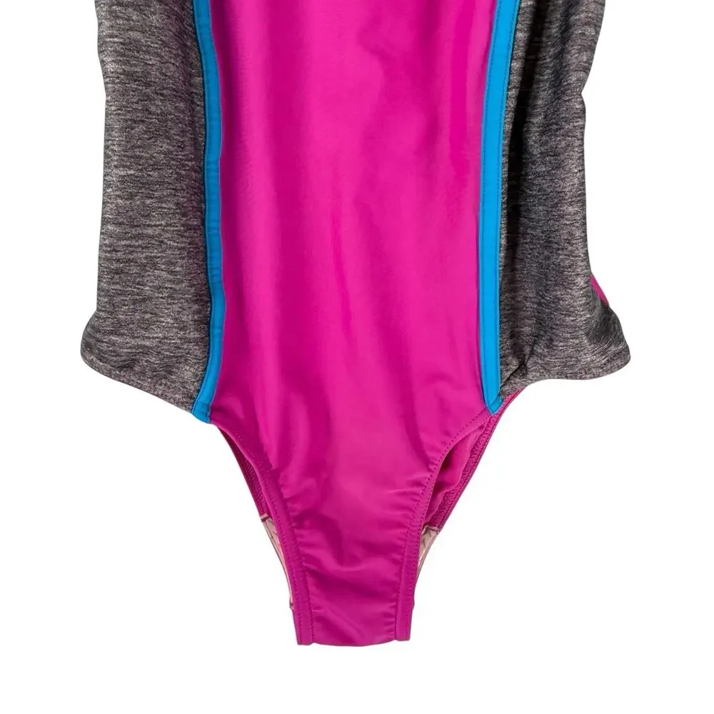 SPEEDO Girls SIZE 14 Fuchsia Pink Gray 1Piece Racerback Sporty Swimsuit Silicone